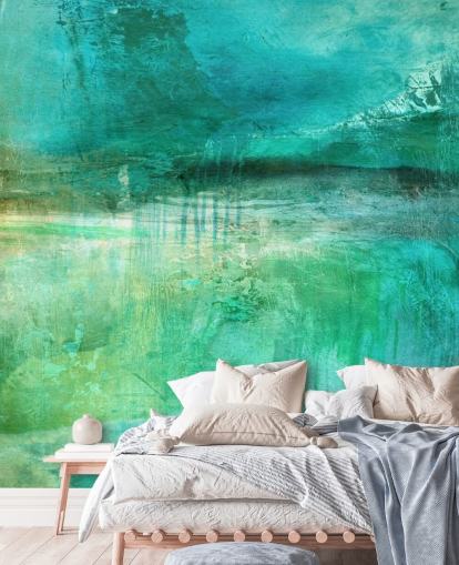 mural abstrato azul chamado Verdant Whispers in the Blue Square Panoramic de Annette Schmucker mural abstrato azul chamado Verdant Whispers in the Blue Square Panoramic de Annette Schmucker