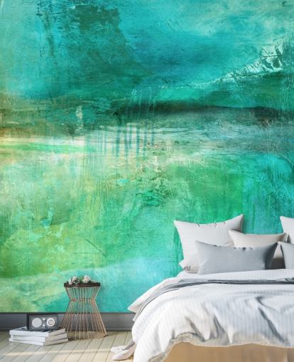 peinture murale abstraite bleue intitulée Verdant Whispers in the Blue Square Panoramic par Annette Schmucker peinture murale abstraite bleue intitulée Verdant Whispers in the Blue Square Panoramic par Annette Schmucker