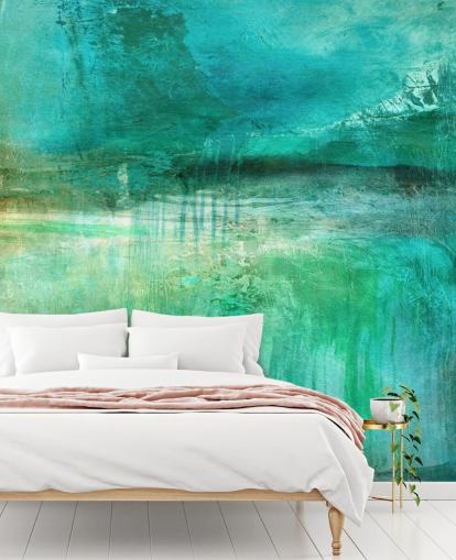 murale astratto blu chiamato Verdant Whispers in the Blue Square Panoramic di Annette Schmucker 