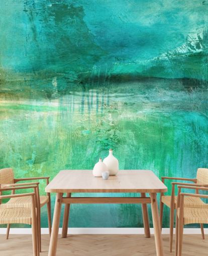 blåt abstrakt vægmaleri kaldet Verdant Whispers in the Blue Square Panoramic af Annette Schmucker blåt abstrakt vægmaleri kaldet Verdant Whispers in the Blue Square Panoramic af Annette Schmucker