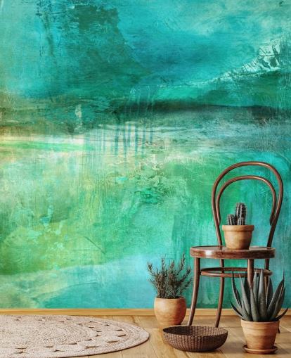 blåt abstrakt vægmaleri kaldet Verdant Whispers in the Blue Square Panoramic af Annette Schmucker blåt abstrakt vægmaleri kaldet Verdant Whispers in the Blue Square Panoramic af Annette Schmucker