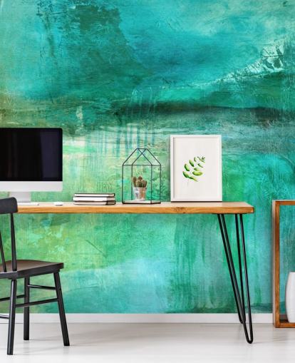 mural abstrato azul chamado Verdant Whispers in the Blue Square Panoramic de Annette Schmucker 