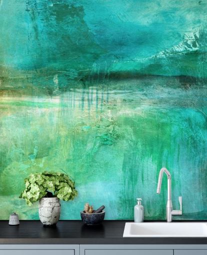 peinture murale abstraite bleue intitulée Verdant Whispers in the Blue Square Panoramic par Annette Schmucker peinture murale abstraite bleue intitulée Verdant Whispers in the Blue Square Panoramic par Annette Schmucker
