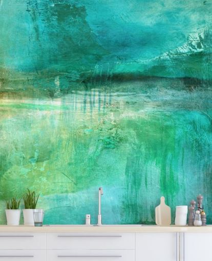 blue abstract mural called Verdant Whispers in the Blue Square Panoramic by Annette Schmucker blue abstract mural called Verdant Whispers in the Blue Square Panoramic by Annette Schmucker