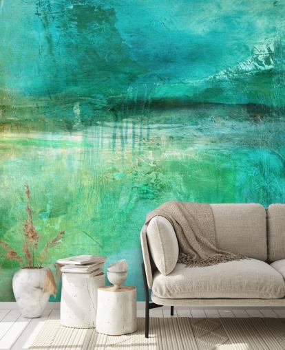 murale astratto blu chiamato Verdant Whispers in the Blue Square Panoramic di Annette Schmucker murale astratto blu chiamato Verdant Whispers in the Blue Square Panoramic di Annette Schmucker