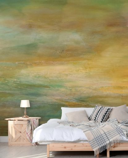 personalisierbares abstraktes Wandbild mit dem Titel Where Golden Light Wanders Panoramic von Annette Schmucker