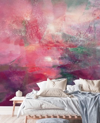 individuelles rosa abstraktes Wandbild mit dem Titel Wo die rote Sonne das Grün bricht von Annette Schmucker individuelles rosa abstraktes Wandbild mit dem Titel Wo die rote Sonne das Grün bricht von Annette Schmucker