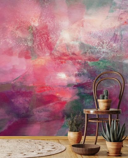 custom pink abstract mural called Where the Red Sun Breaks the Green from Annette Schmucker custom pink abstract mural called Where the Red Sun Breaks the Green from Annette Schmucker