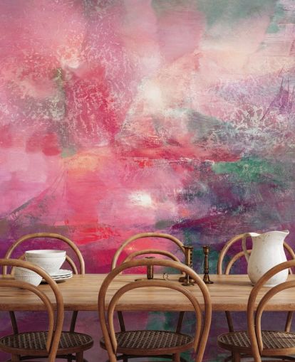 custom pink abstract mural called Where the Red Sun Breaks the Green from Annette Schmucker custom pink abstract mural called Where the Red Sun Breaks the Green from Annette Schmucker