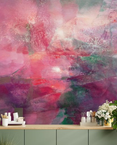 peinture murale abstraite rose personnalisée appelée Where the Red Sun Breaks the Green d'Annette Schmucker peinture murale abstraite rose personnalisée appelée Where the Red Sun Breaks the Green d'Annette Schmucker