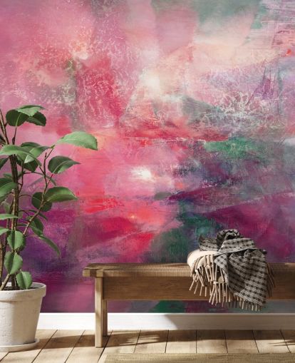 peinture murale abstraite rose personnalisée appelée Where the Red Sun Breaks the Green d'Annette Schmucker peinture murale abstraite rose personnalisée appelée Where the Red Sun Breaks the Green d'Annette Schmucker