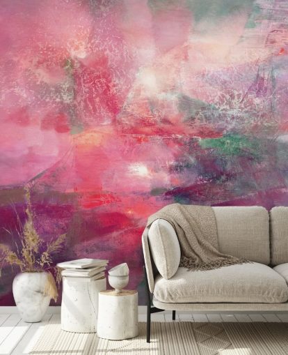 custom pink abstract mural called Where the Red Sun Breaks the Green from Annette Schmucker custom pink abstract mural called Where the Red Sun Breaks the Green from Annette Schmucker