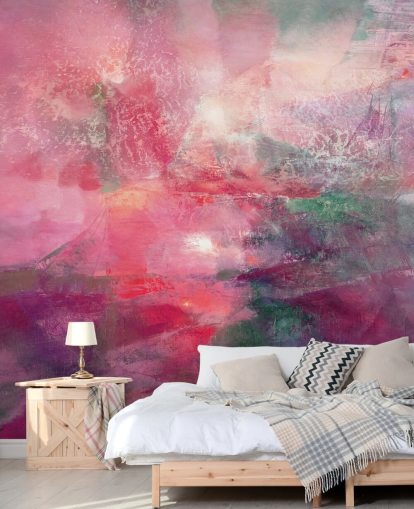 custom pink abstract mural called Where the Red Sun Breaks the Green from Annette Schmucker custom pink abstract mural called Where the Red Sun Breaks the Green from Annette Schmucker