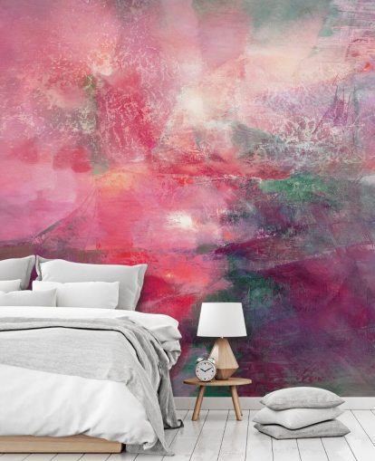 peinture murale abstraite rose personnalisée appelée Where the Red Sun Breaks the Green d'Annette Schmucker peinture murale abstraite rose personnalisée appelée Where the Red Sun Breaks the Green d'Annette Schmucker