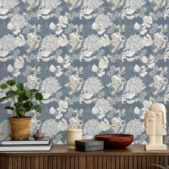 Crisantemo Art Deco azul empolvado Papel pintado floral