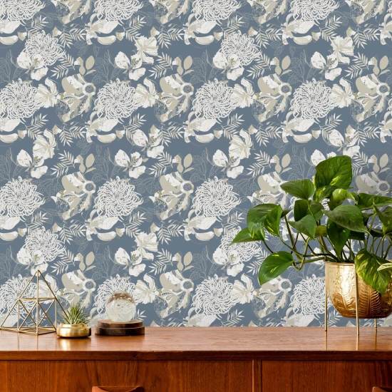 Art Deco Chrysanthemum Dusty Blue Floral Wallpaper