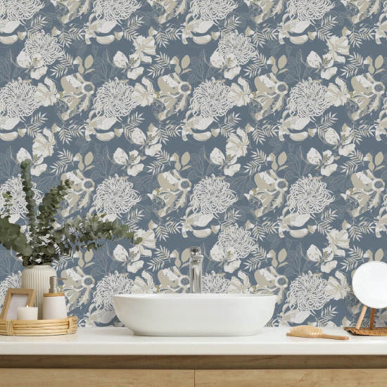 Crisantemo Art Deco Dusty Blue Carta da parati floreale