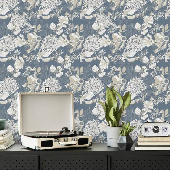 Art Deco Chrysanthemum Dusty Blue Floral Wallpaper