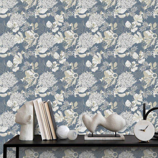 Crisantemo Art Deco Dusty Blue Carta da parati floreale