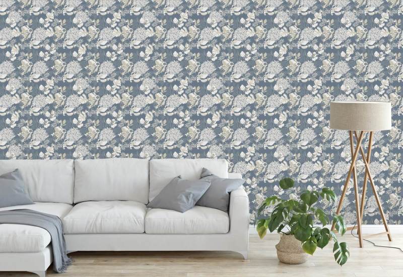 Art Deco Chrysanthemum stoffig blauw Bloemenbehang
