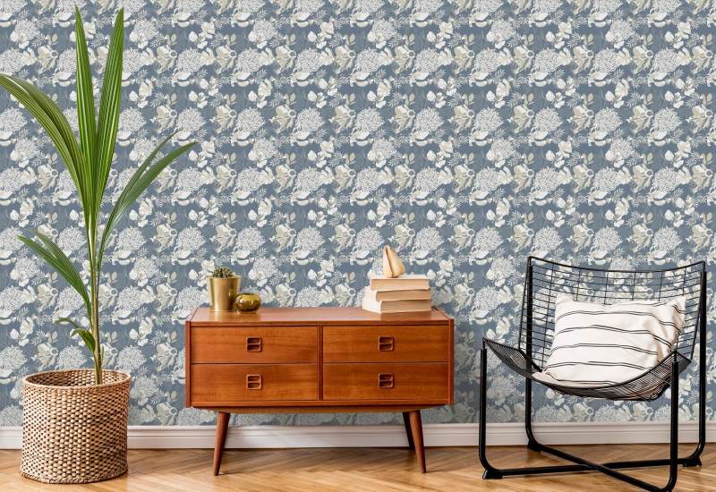 Crisantemo Art Deco Dusty Blue Carta da parati floreale