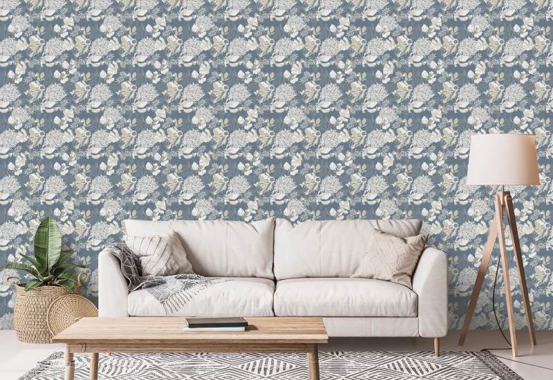 Art Deco Krysantemum Dammig Blå Blommig tapet