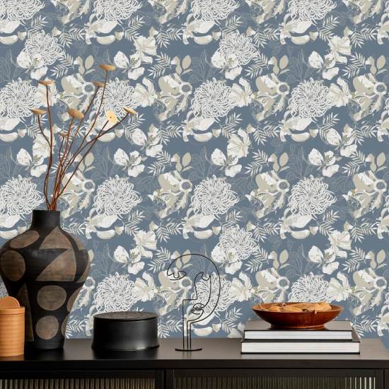 Art Deco Chrysanthemum Dusty Blue Floral Wallpaper