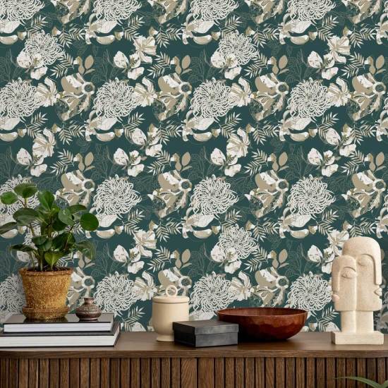 Art Deco Krysantemum Skogsgrön Blommig tapet