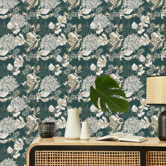 Art Deco Krysantemum Skogsgrön Blommig tapet