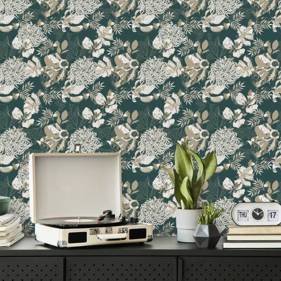 Art Deco Chrysanthemum Bosgroen Bloemenbehang