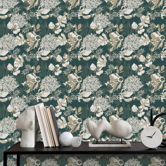 Chrysanthème Art Déco Vert Forêt Papier peint floral
