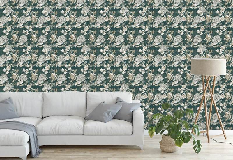 Art Deco Krysantemum Skogsgrön Blommig tapet