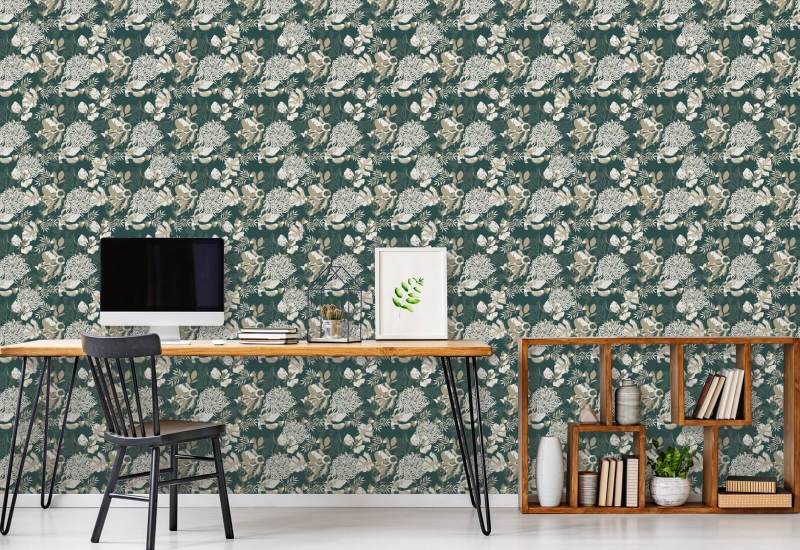 Art Deco Chrysanthemum Bosgroen Bloemenbehang