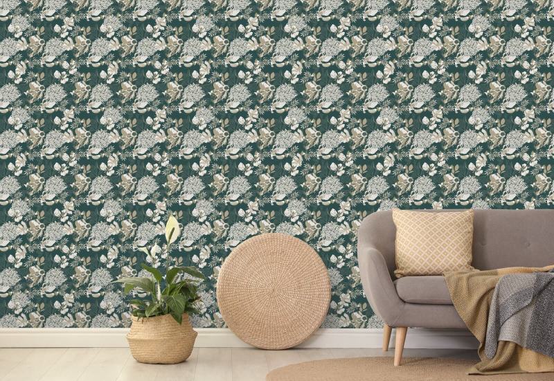 Art Deco Chrysantheme Waldgrün Blumentapete