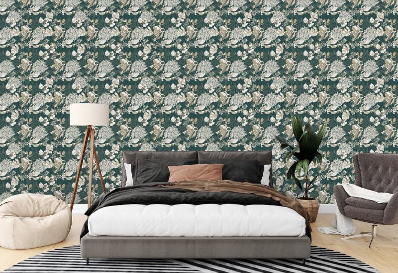 Chrysanthème Art Déco Vert Forêt Papier peint floral