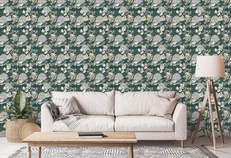 Chrysanthème Art Déco Vert Forêt Papier peint floral