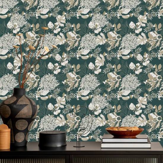 Crisantemo Art Deco, verde bosque Papel pintado floral