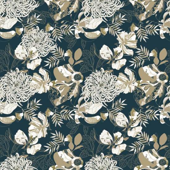 Chrysanthème Art Déco Turquoise Papier peint floral