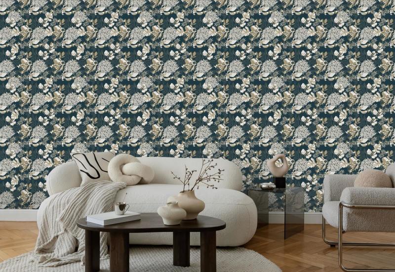 Art Deco Krysantemum Teal Blommig tapet