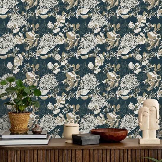 Art Deco Chrysantheme Blaugrün Blumentapete