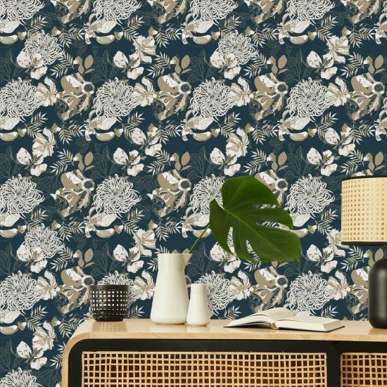 Crisantemo Art Deco, color verde azulado Papel pintado floral