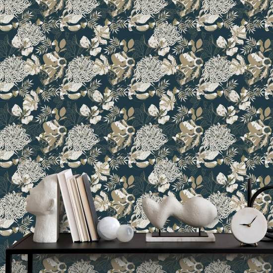 Crisântemo Art Deco Teal Papel de parede floral