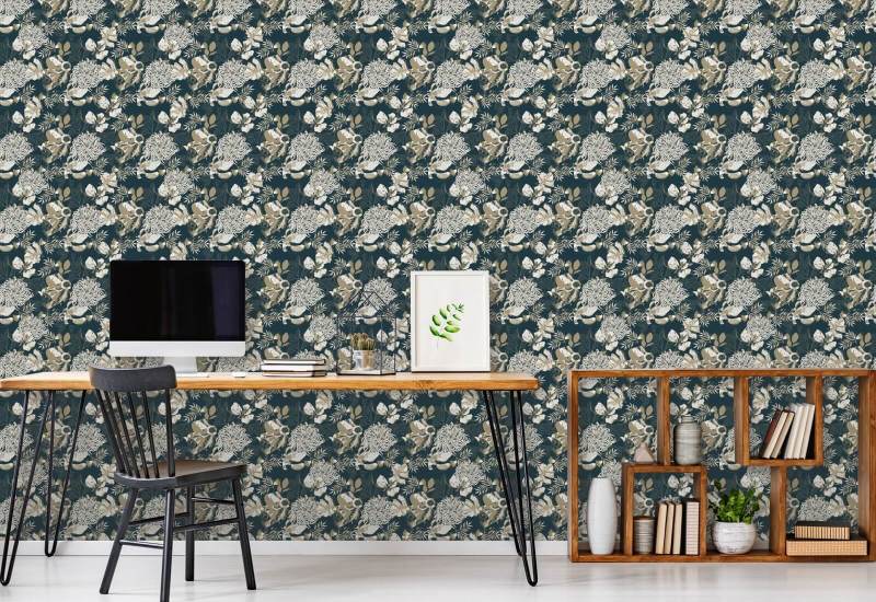 Art Deco Krysantemum Teal Blommig tapet