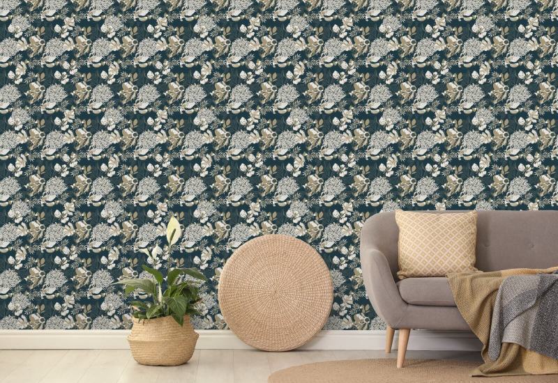 Art Deco Chrysanthemum Teal Floral Wallpaper
