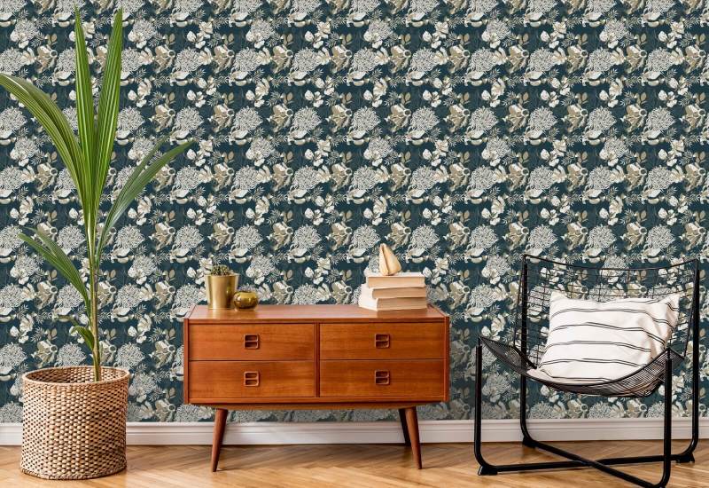 Art Deco Chrysanthemum Blauwgroen Bloemenbehang