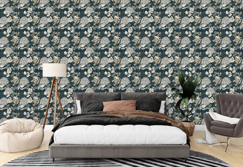 Crisantemo Art Deco, color verde azulado Papel pintado floral