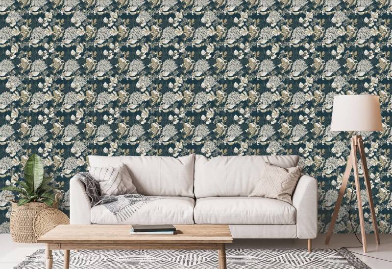 Art Deco Chrysantheme Blaugrün Blumentapete