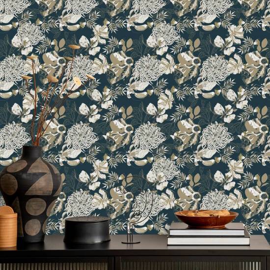Art Deco Chrysanthemum Teal Floral Wallpaper