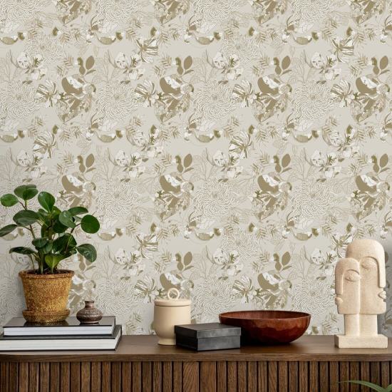 Art Deco Chrysantheme Warm Neutral Blumentapete