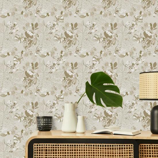 Art Deco Krysantemum Varm Neutral Blommig tapet
